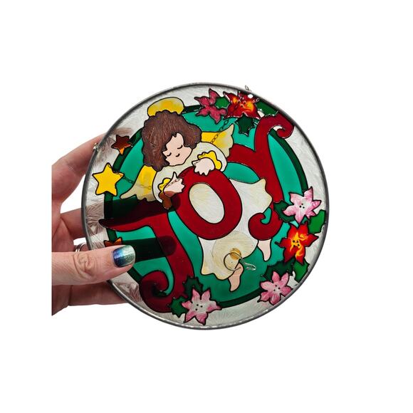 Vintage 1970s Stained Glass Window Hanging Christmas Angel Joy Round - Picture 4 of 4